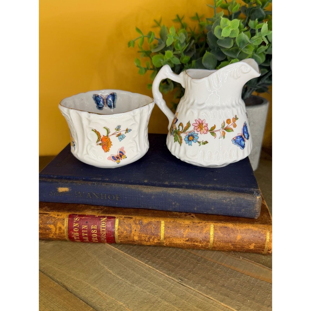 Vintage Aynsley Cottage Garden Creamer and Sugar Bowl Set Floral Butterfly Gold